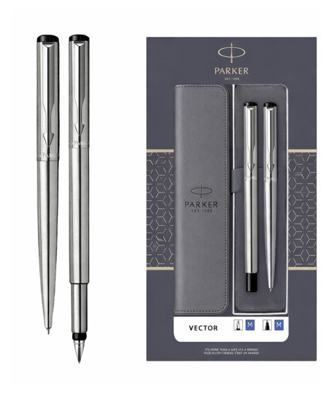 Set Parker Vector Metal SS GT – stilou + pix, casetă cu fereastră și etui